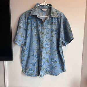 Vintage Denim Short Sleeve Button Down Floral Hydrangea Print Cotton XL